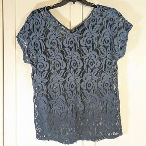 Blue Ombre Lace Women's Plus 14-16 Cap Sleeve Top Layering Fairycore V-Neck NWOT